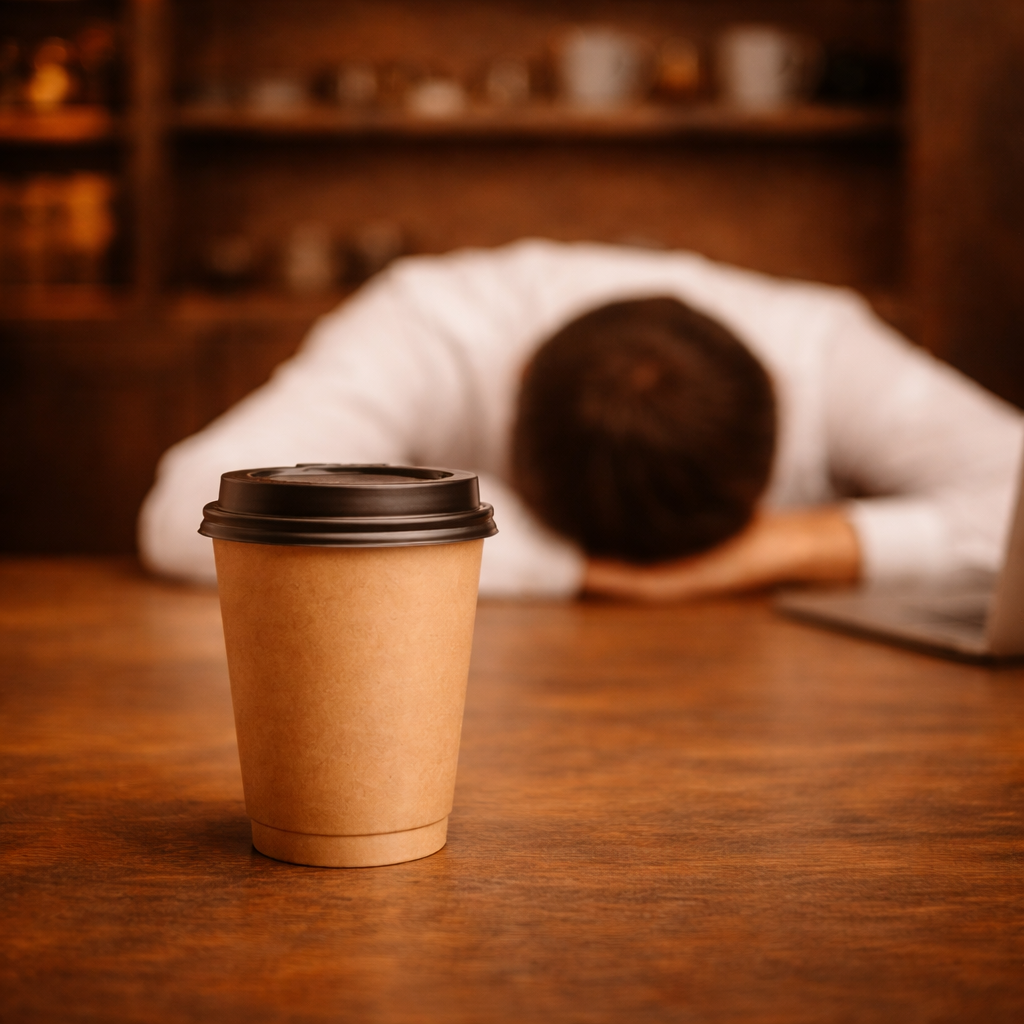 Person feeling fatigued after coffee crash, illustrating the need for a caffeine-free focus alternative like TÓFFE KLAR.