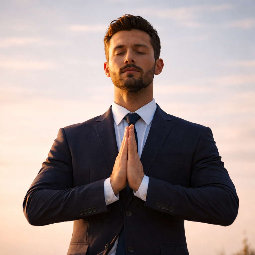 Man practicing calm focus outdoors, representing the balanced energy supported by TÓFFE KLAR