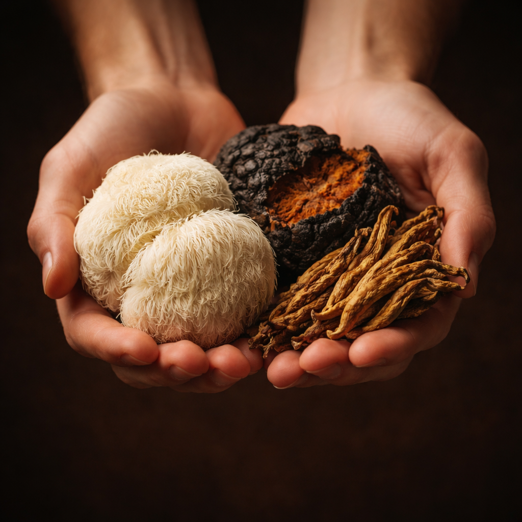 Lion’s Mane, Chaga and Cordyceps mushrooms held in hands, ingredients in TÓFFE KLAR.